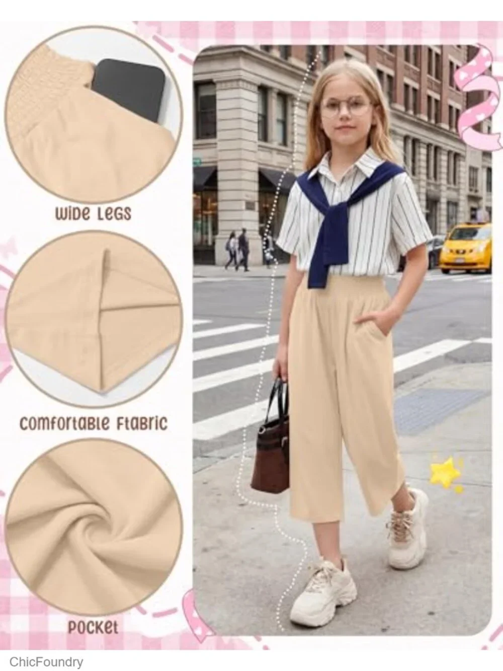 Girls Wide Leg Capri Pants with Pockets, 3 Pack, Elastic Waist, 5-14